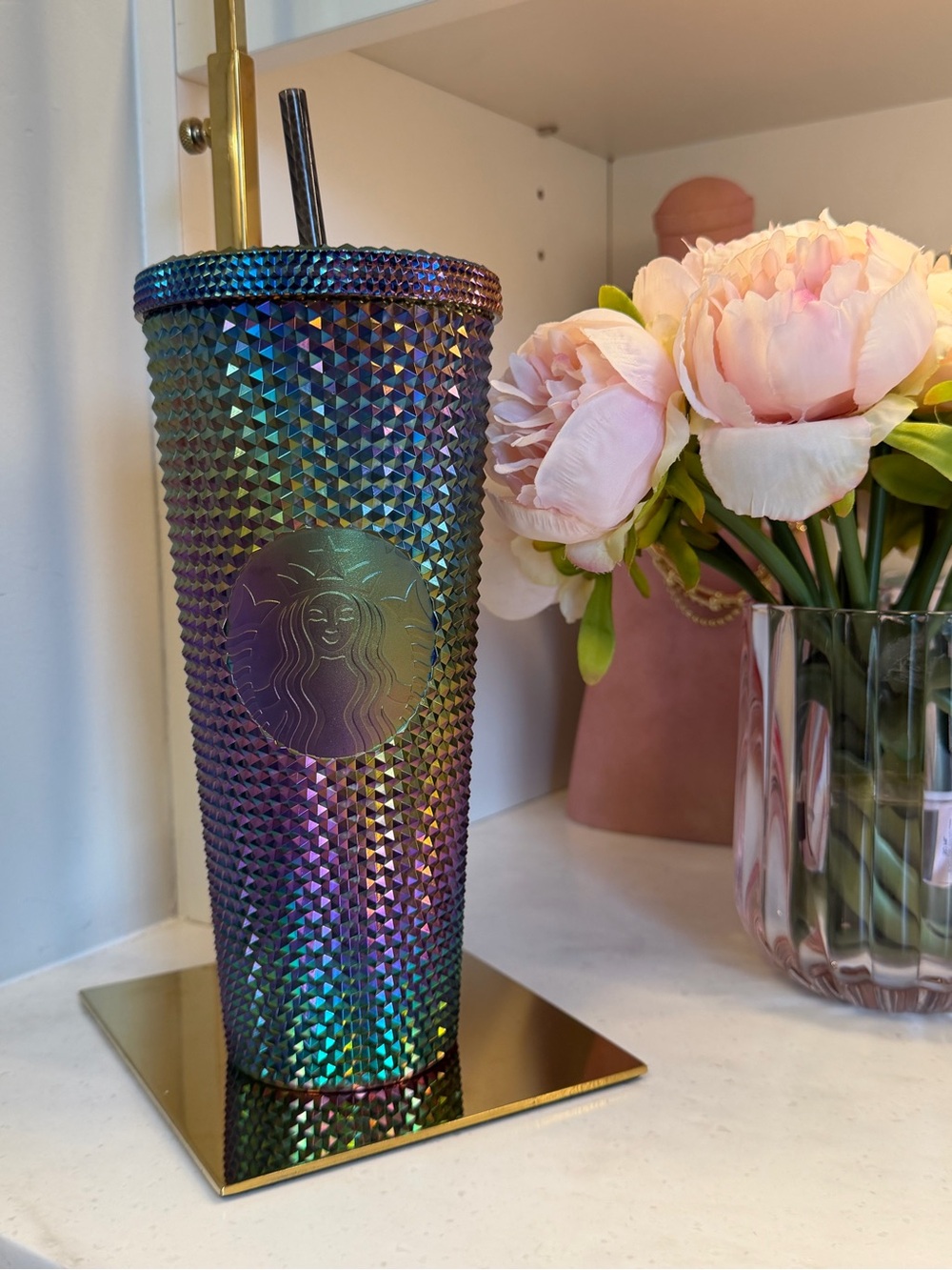 Starbucks NWOT Iridescent Studded Tumbler w top and straw Rainbow Sheen